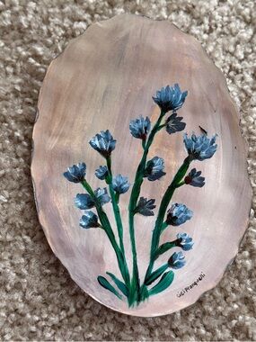 Original Hand-Painted SIGNED Floral Wood Slice with Blue Flowers Oval Acrylic